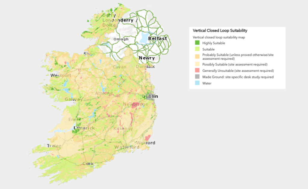 Map showing geological suitability for vertical closed loop heat pumps in Ireland